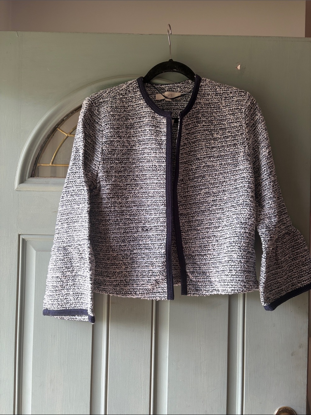 LOFT White and Navy Bouclé Open-Front Jacket
